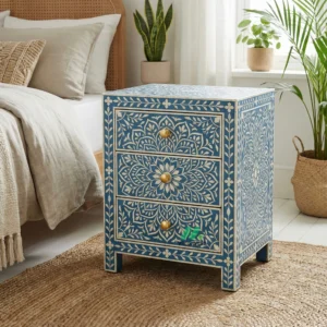 Bone Inlay Blue Bedside Table with 3 Drawers