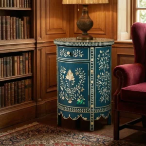 Bone Inlay Blue Round Bedside Table