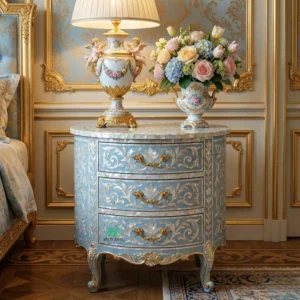 Mother Of Pearl Blue Round Bedside Table with 3 Drawers