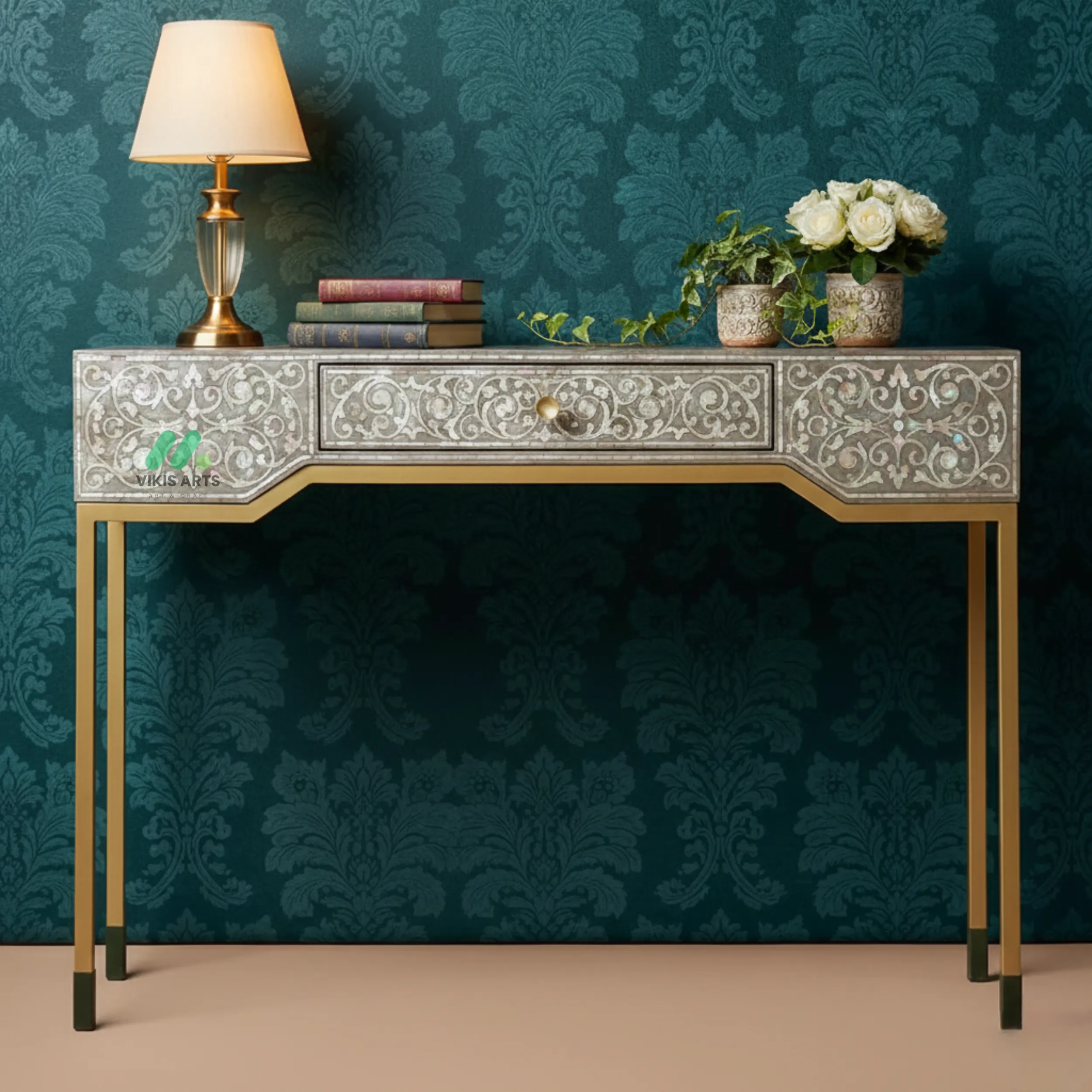 Bone Inlay Grey Desk with 1 Drawer