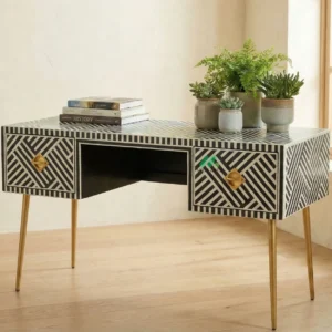 Bone Inlay Black Study Table with 2 drawer