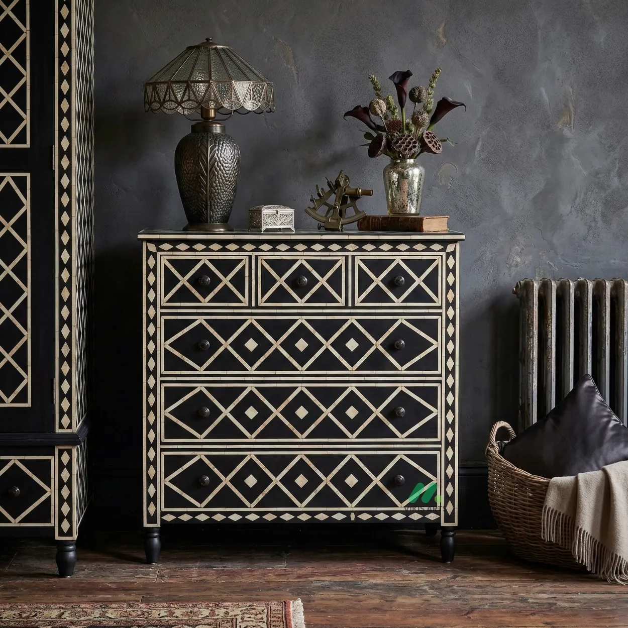 Bone Inlay Black 6 Chest of Drawer