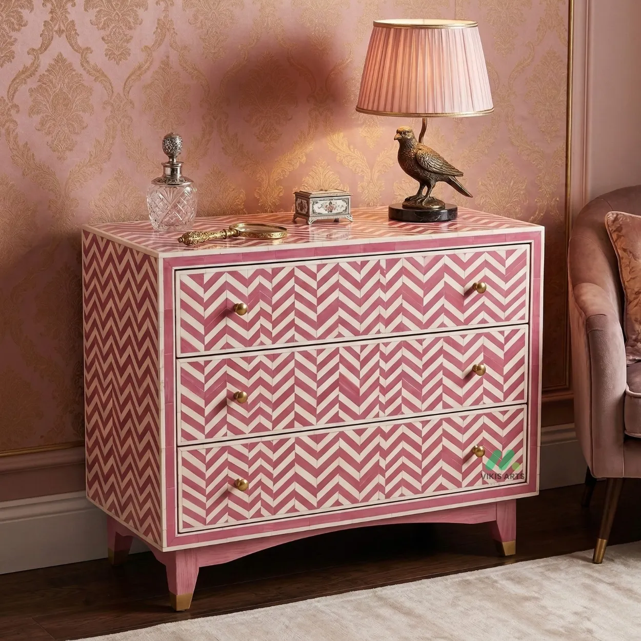 Bone Inlay Pink 3 Chest of Drawer