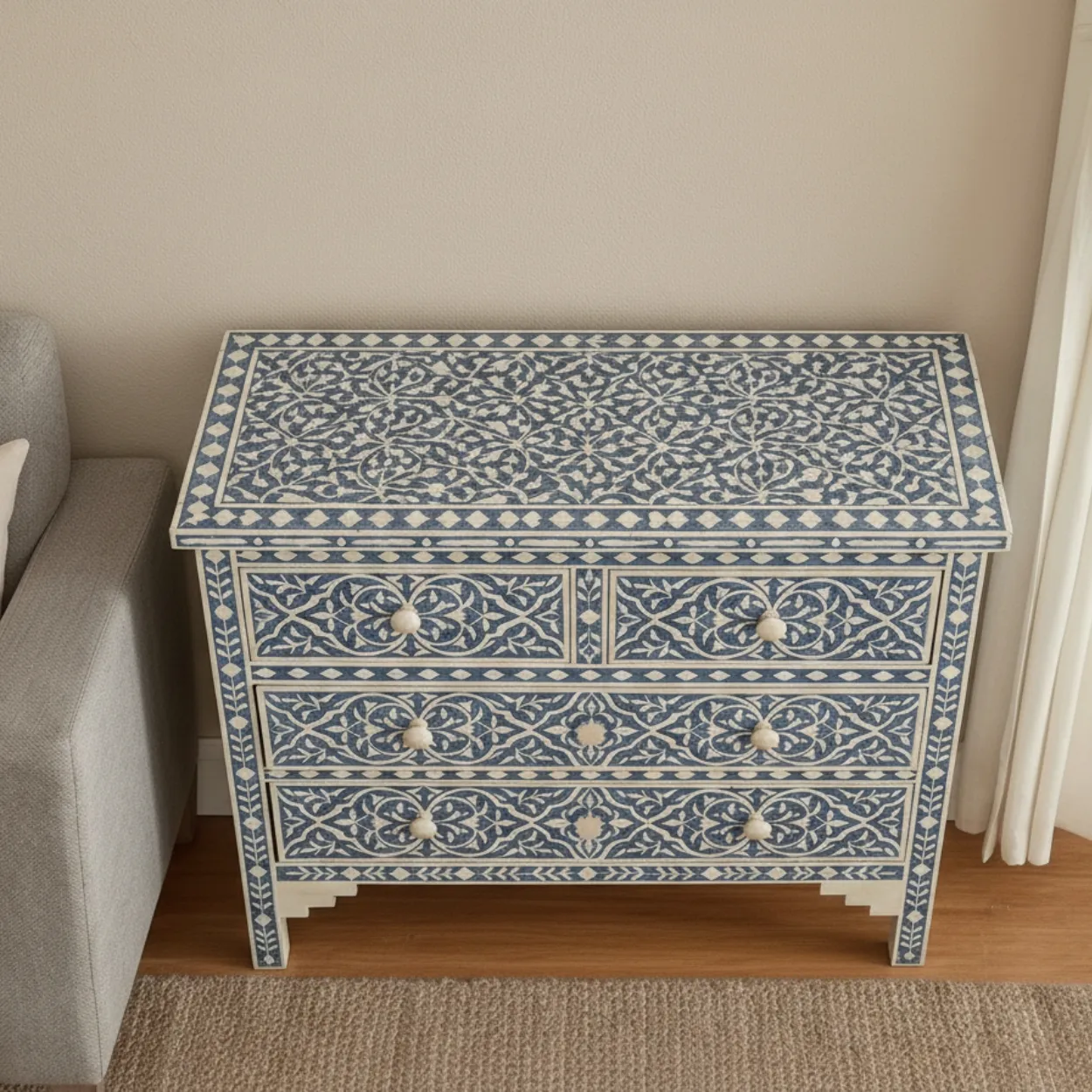 Bone Inlay Blue 4 Chest of Drawer - Image 3