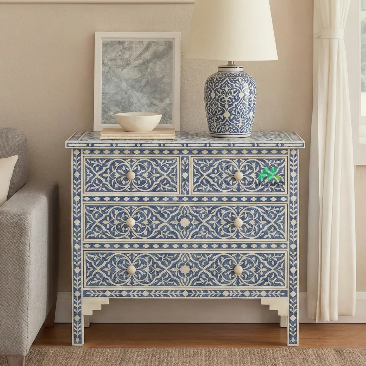 Bone Inlay Blue 4 Chest of Drawer
