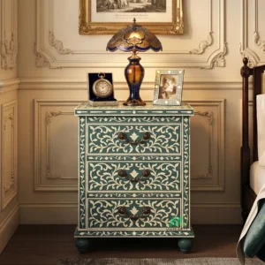 Bone Inlay Green Bedside Table with 3 Drawers