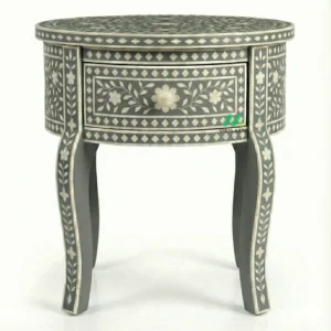 Bone Inlay Grey Round Bedside Table with 1 Drawer