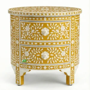 Bone Inlay Yellow Round Bedside Table with 2 Drawers
