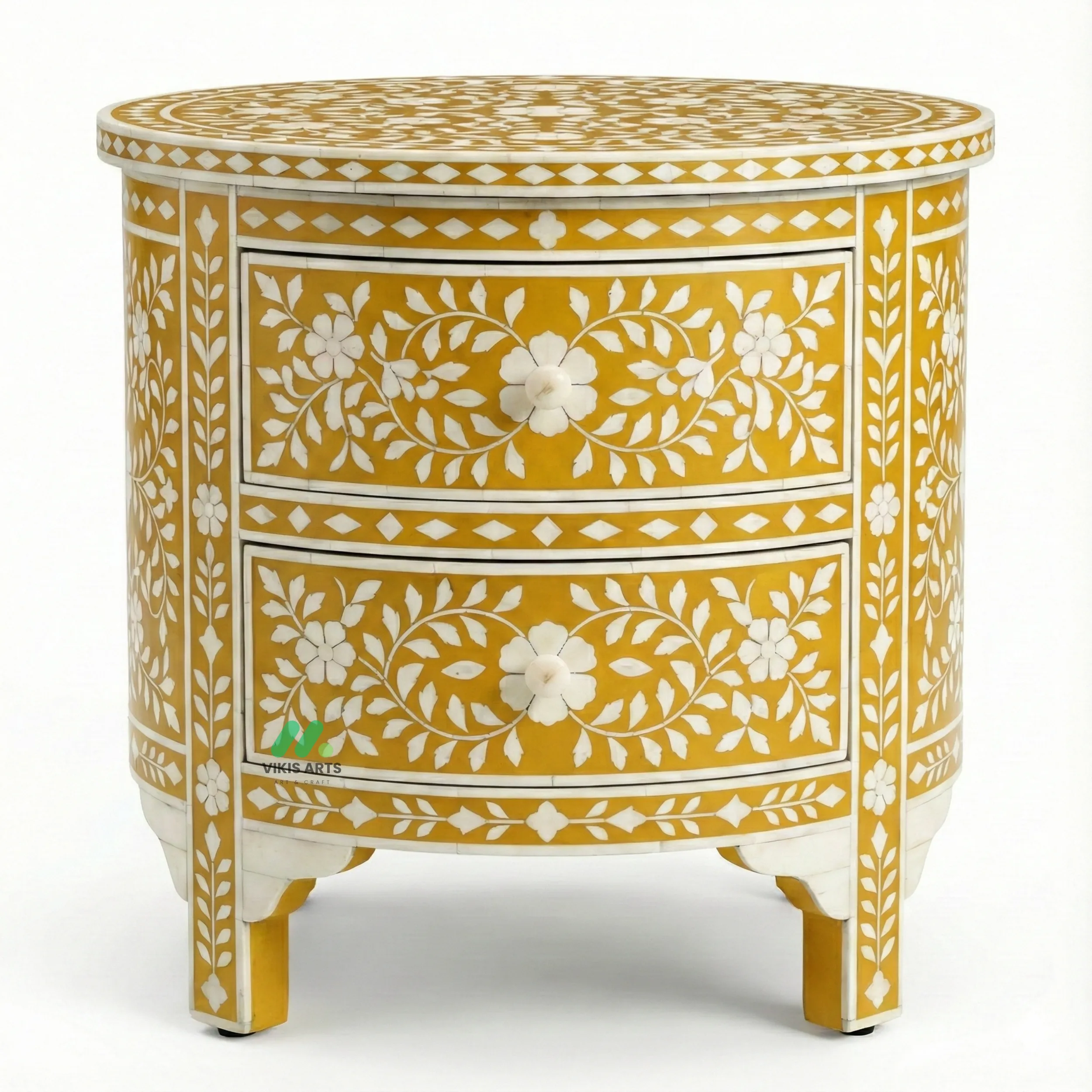 Bone Inlay Yellow Round Bedside Table with 2 Drawers