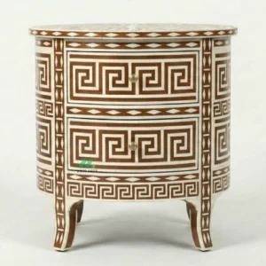 Bone Inlay Brown Round Nightstand with 2 Drawers