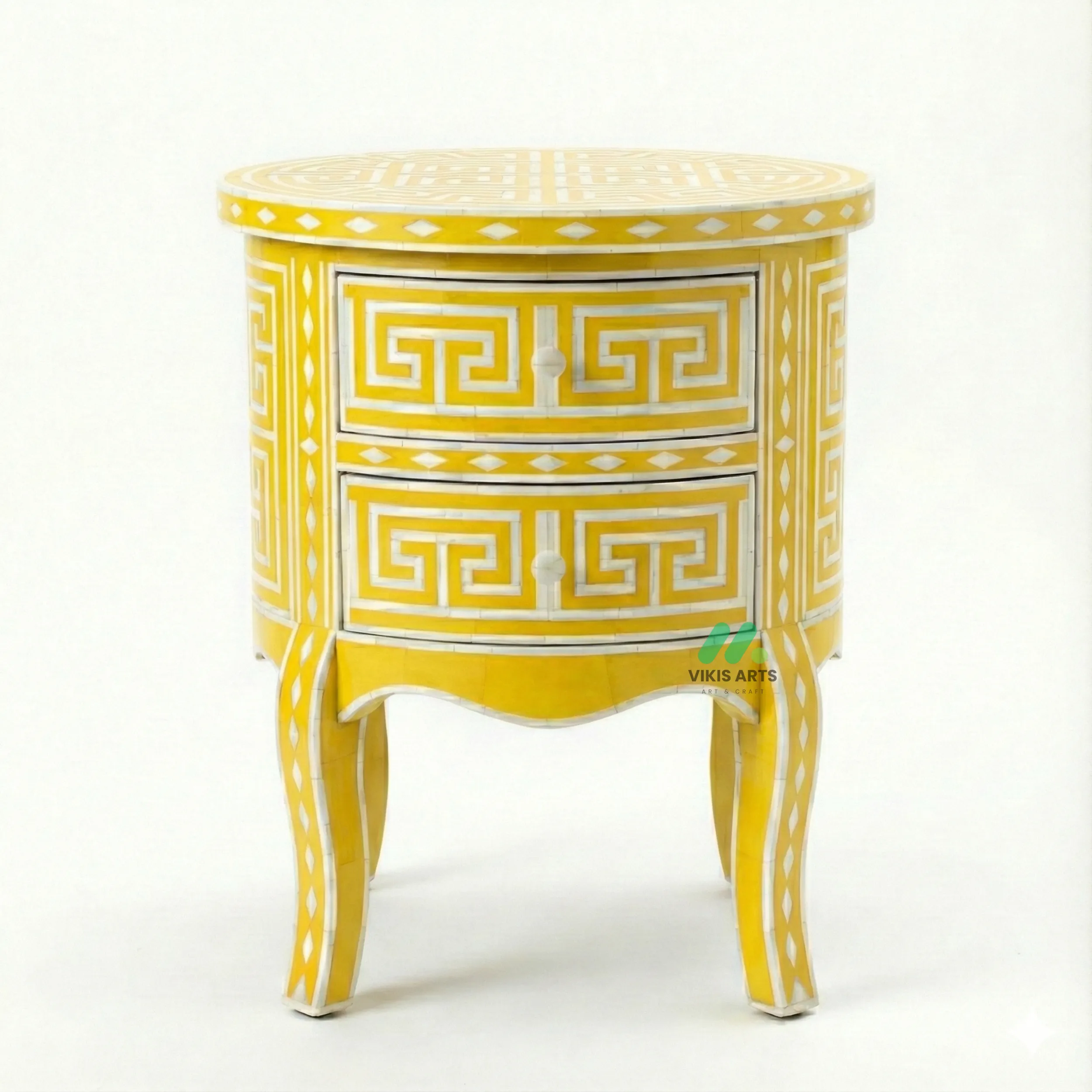 Bone Inlay Yellow Round Nightstand with 2 Drawers