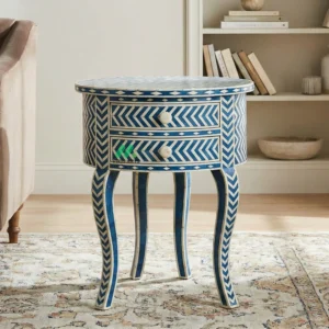Bone Inlay Blue Round Bedside Table with 2 Drawers