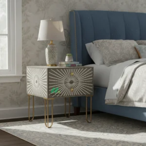 Bone Inlay Grey Bedside Table with 2 Drawers