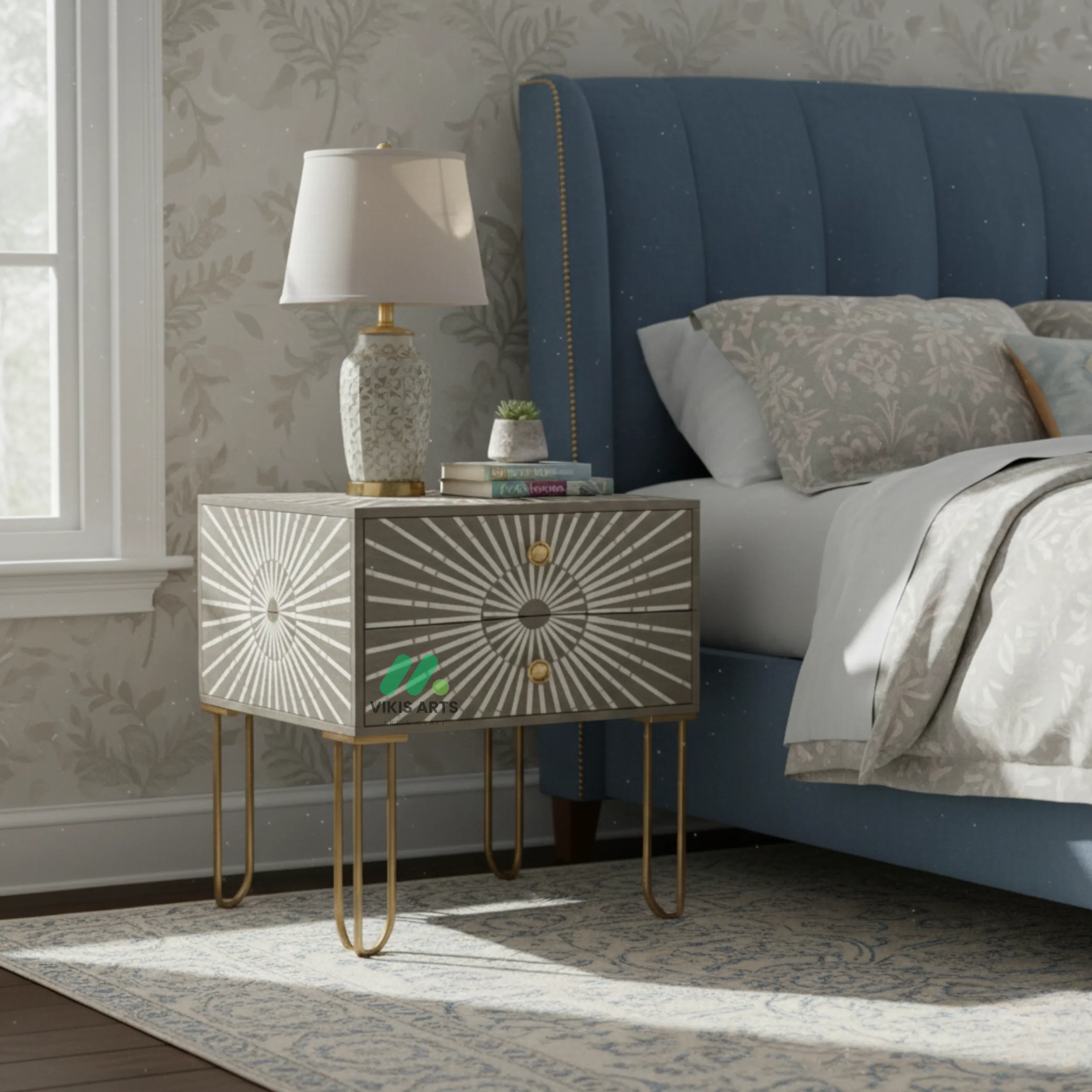 Bone Inlay Grey Bedside Table with 2 Drawers