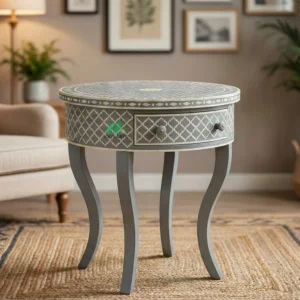 Bone Inlay Grey Round Bedside Table with 1 Drawer