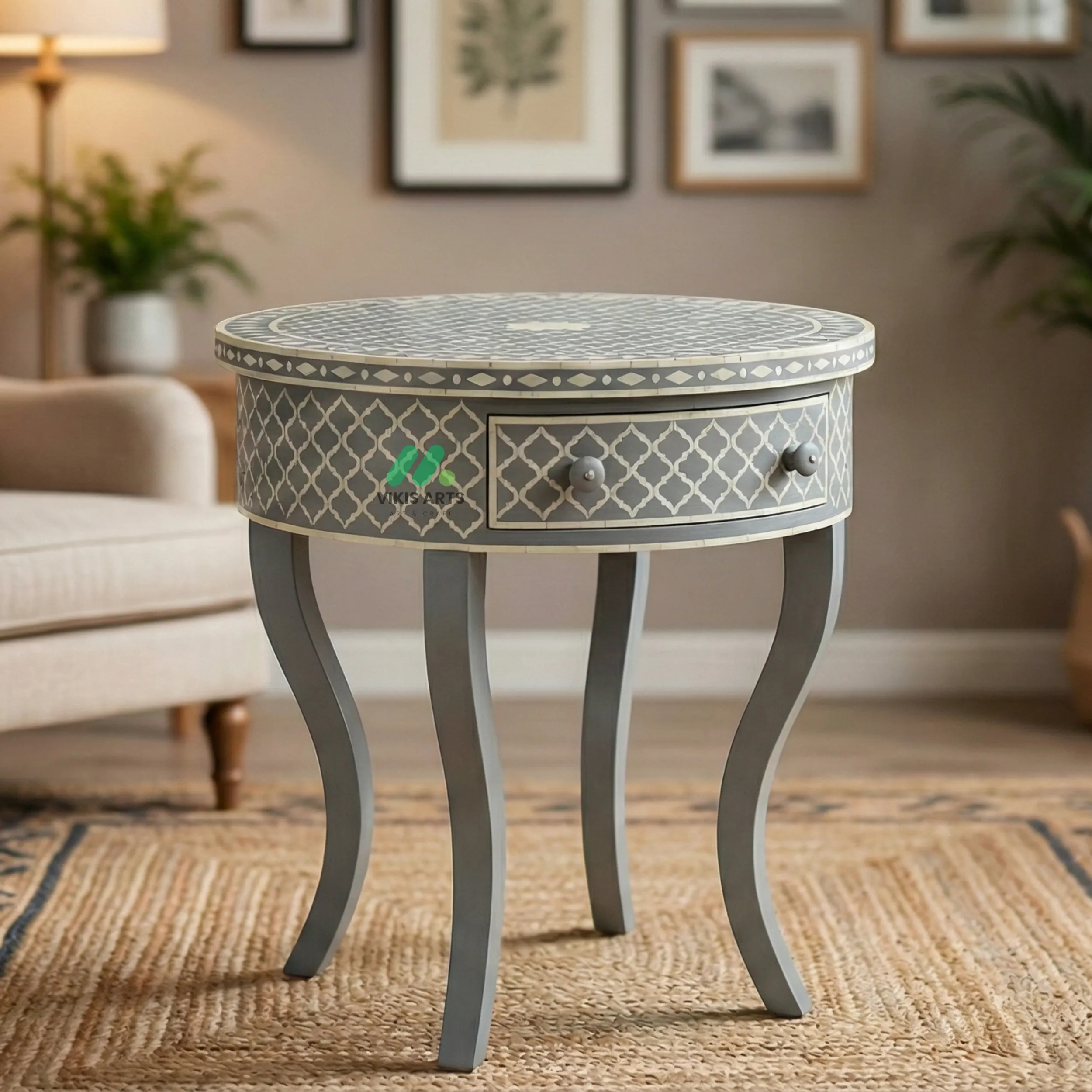 Bone Inlay Grey Round Bedside Table with 1 Drawer