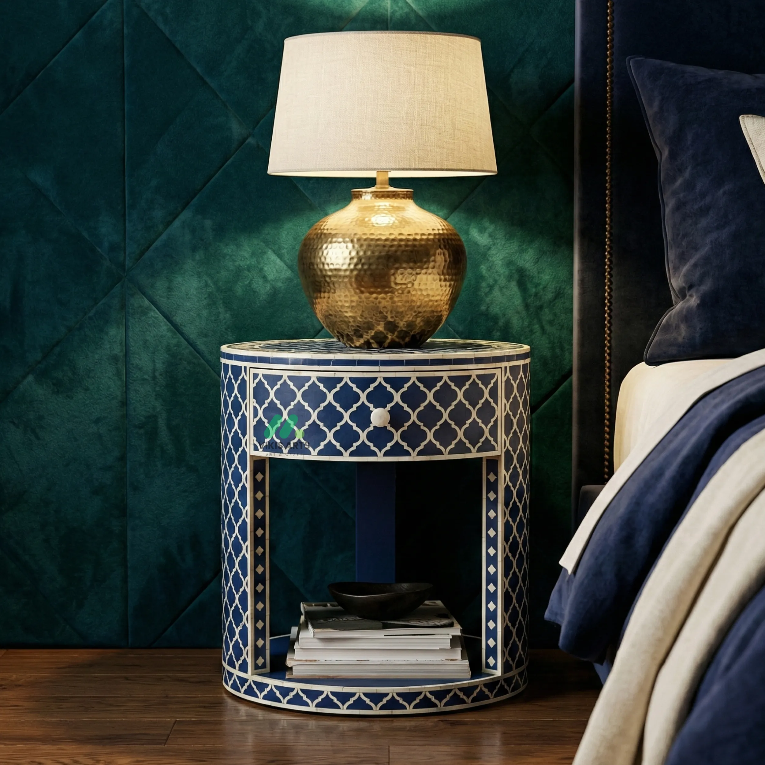 Bone Inlay Navy Blue Round Bedside Table