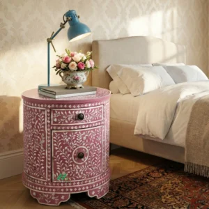 Mother Of Pearl Pink Round Bedside Table