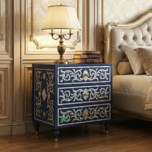 Mother Of Pearl Navy Blue Bedside Table with 3 Drawers
