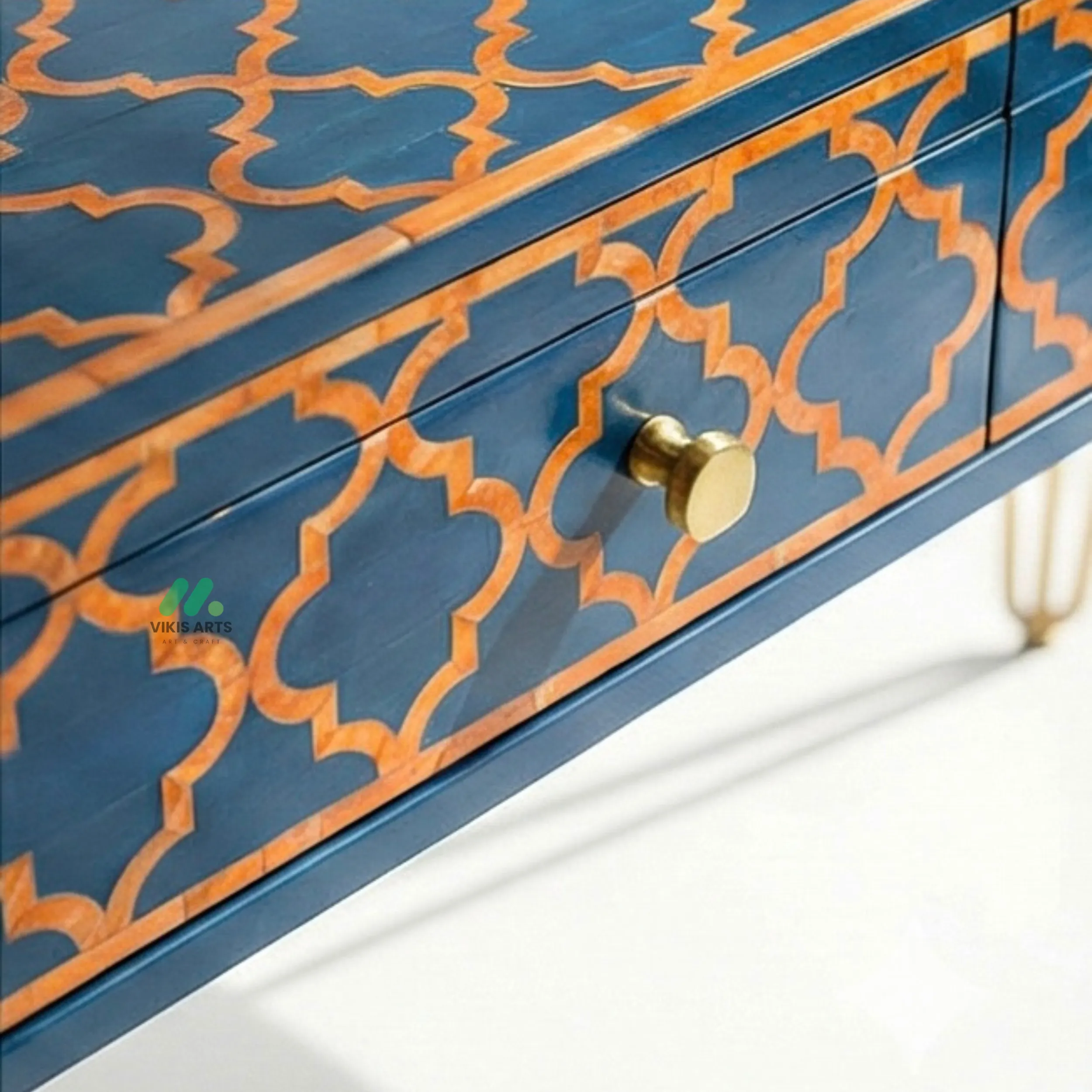 Bone Inlay Blue Desk with 3 Drawers - Image 4