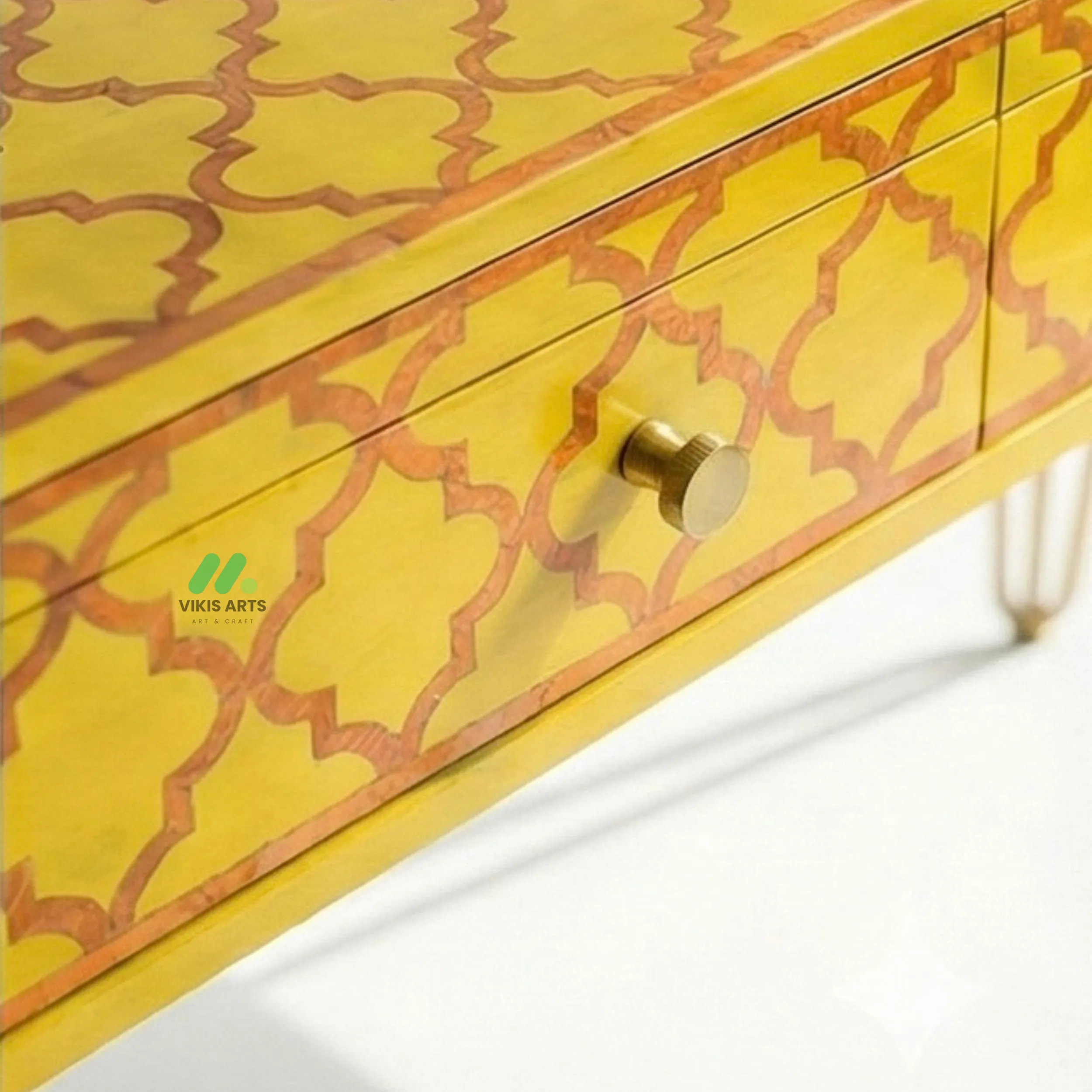 Bone Inlay Yellow Desk with 3 Drawers - Image 4
