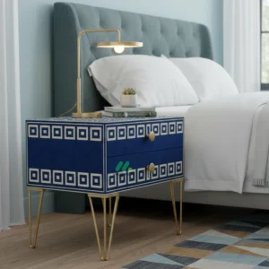 Bone Inlay Blue Bedside Table with 2 Drawers