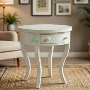 Bone Inlay White Round Bedside Table with 1 Drawer