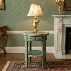 Bone Inlay Green Round Bedside Table with 1 Drawer