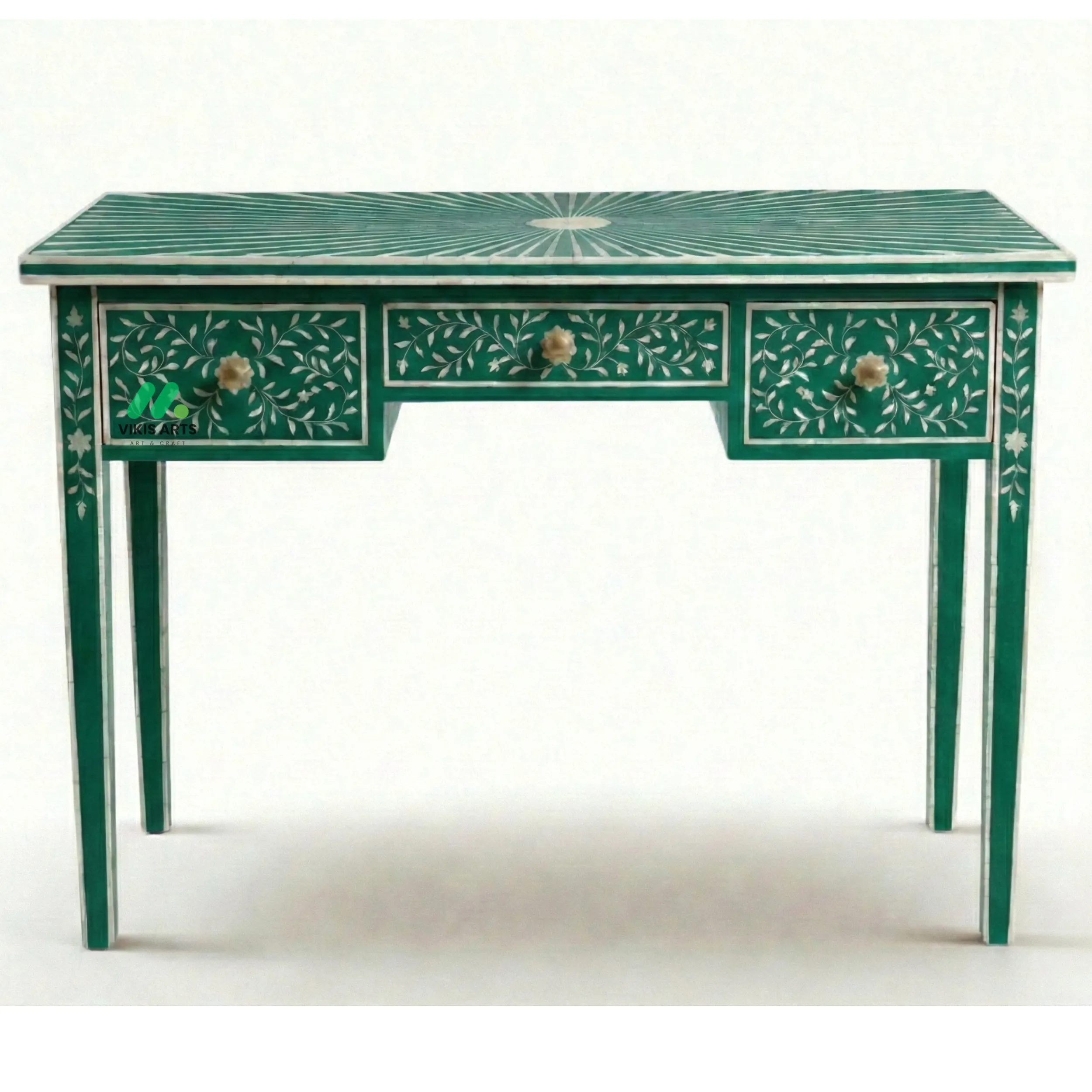 Bone Inlay Green Desk with 3 Drawers
