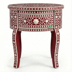 Bone Inlay Red Round Bedside Table with 1 Drawer