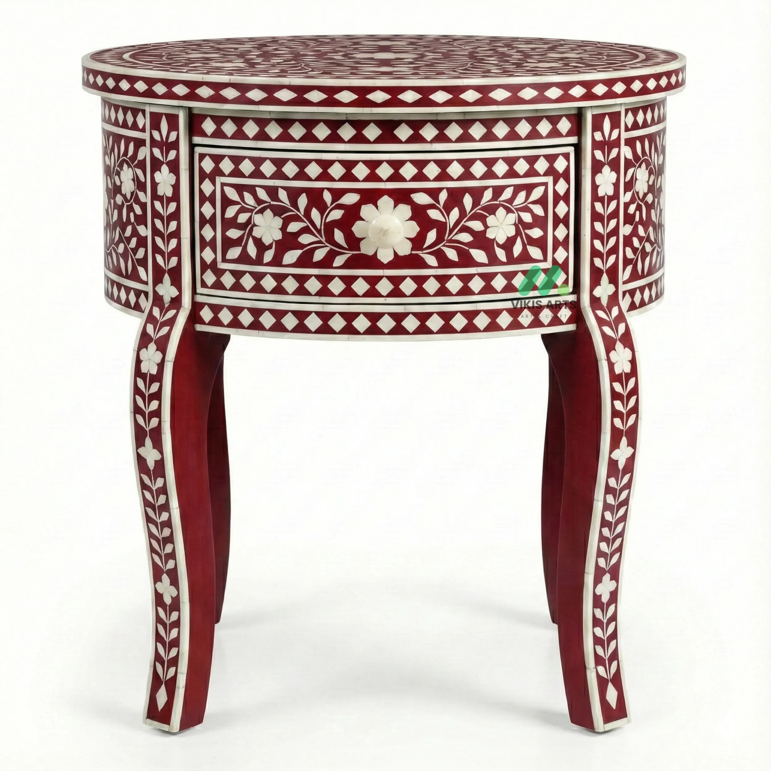 Bone Inlay Red Round Bedside Table with 1 Drawer