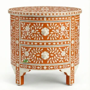 Bone Inlay Orange Round Bedside Table with 2 Drawers