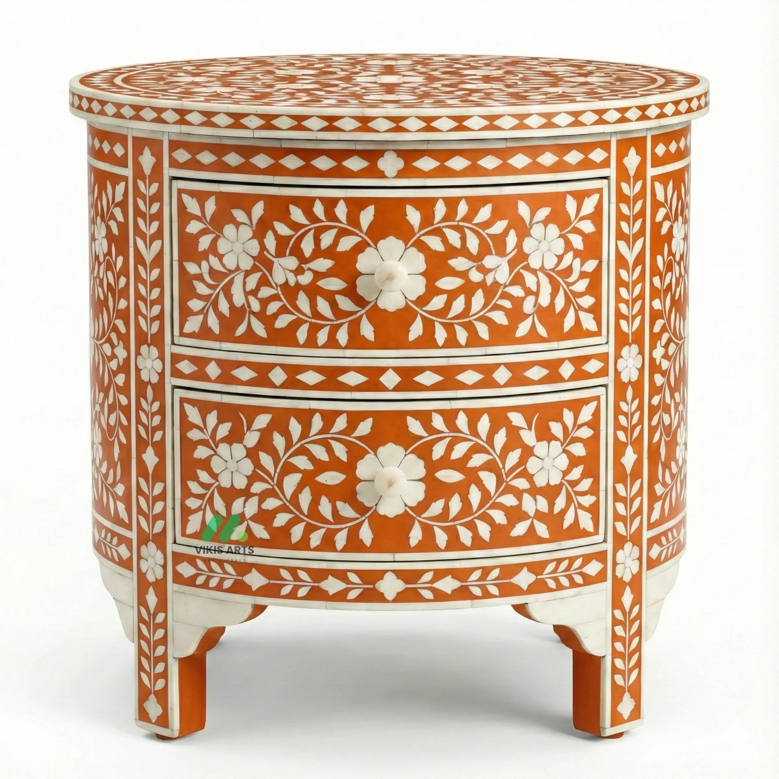 Bone Inlay Orange Round Bedside Table with 2 Drawers