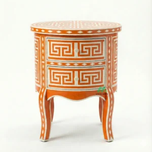 Bone Inlay Orange Round Nightstand with 2 Drawers
