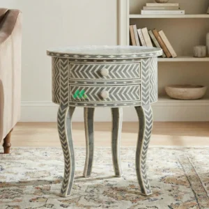 Bone Inlay Grey Round Bedside Table with 2 Drawers
