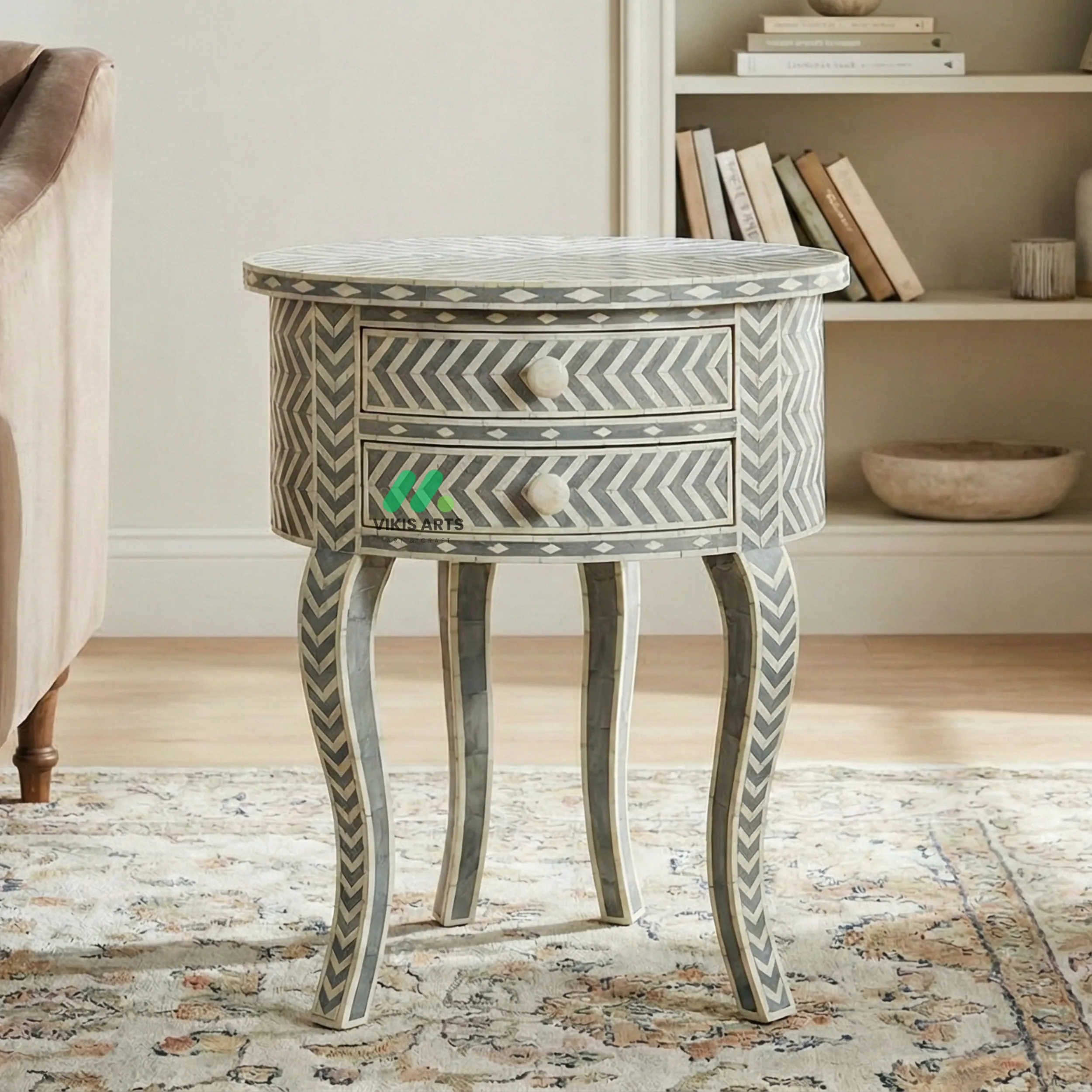 Bone Inlay Grey Round Bedside Table with 2 Drawers