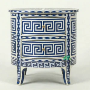Bone Inlay blue Round Bedside Table with 2 Drawer