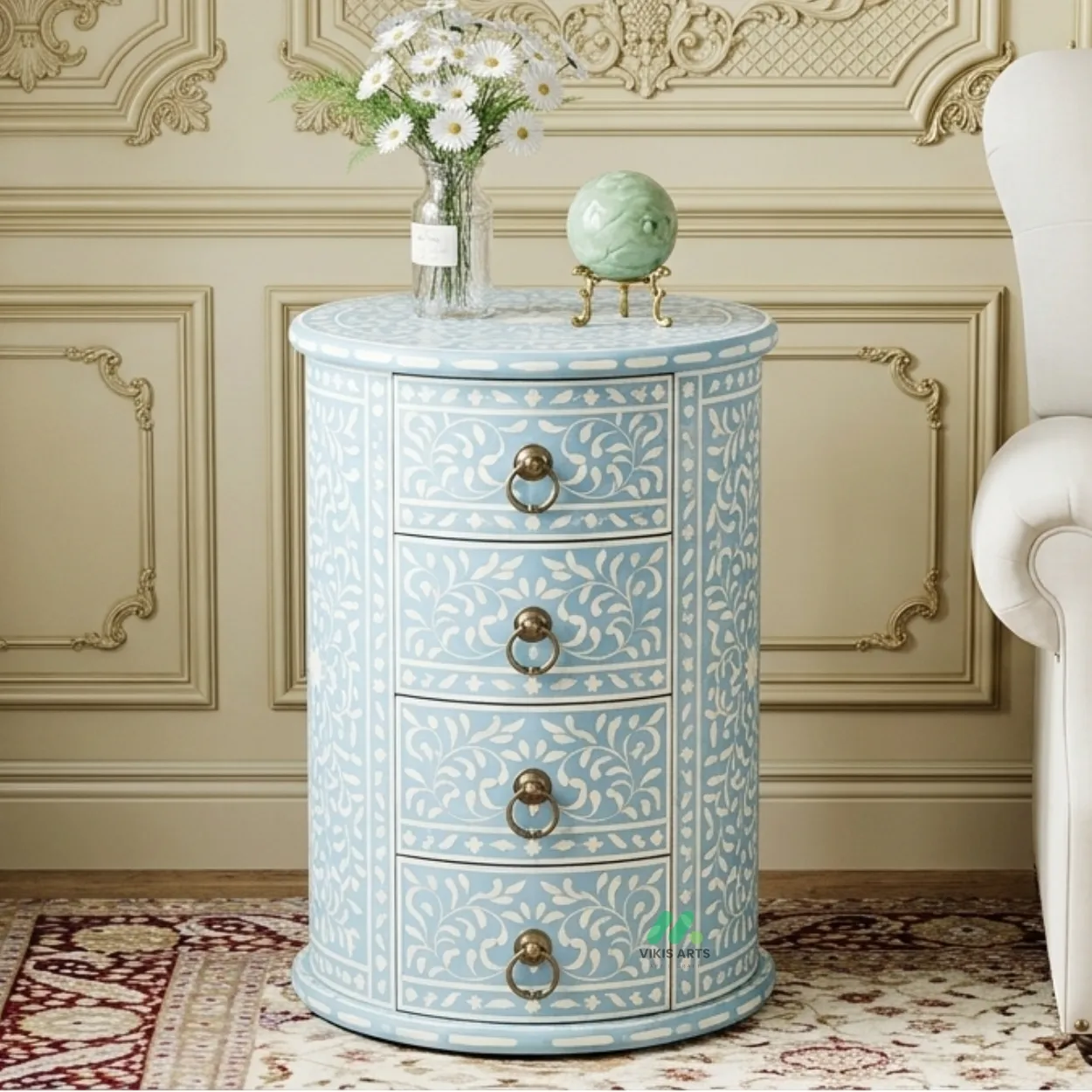 Bone Inlay Light Blue Round Bedside Table