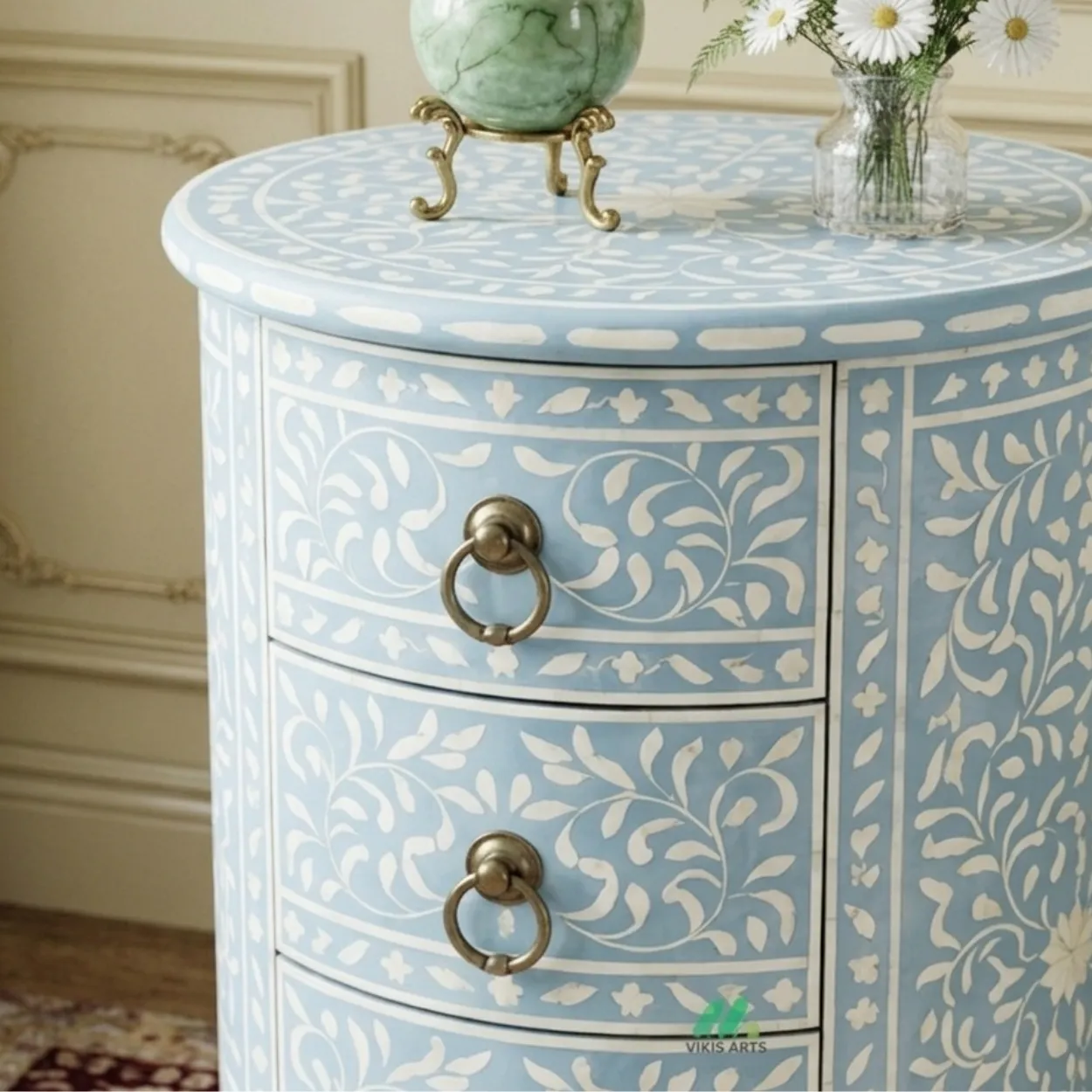 Bone Inlay Light Blue Round Bedside Table - Image 5