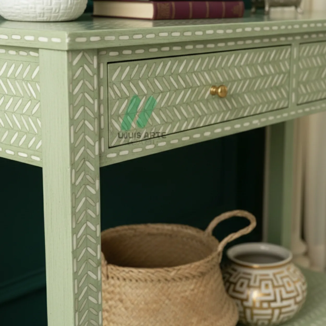 Bone Inlay Light Green Console Table - Image 8