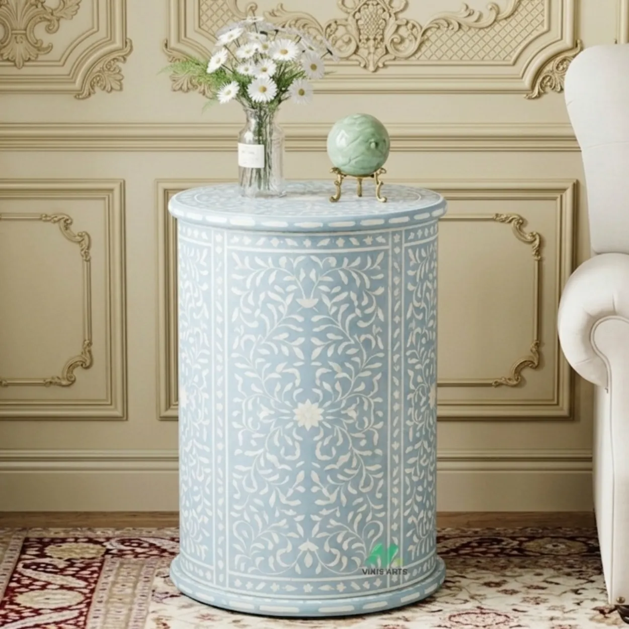 Bone Inlay Light Blue Round Bedside Table - Image 2