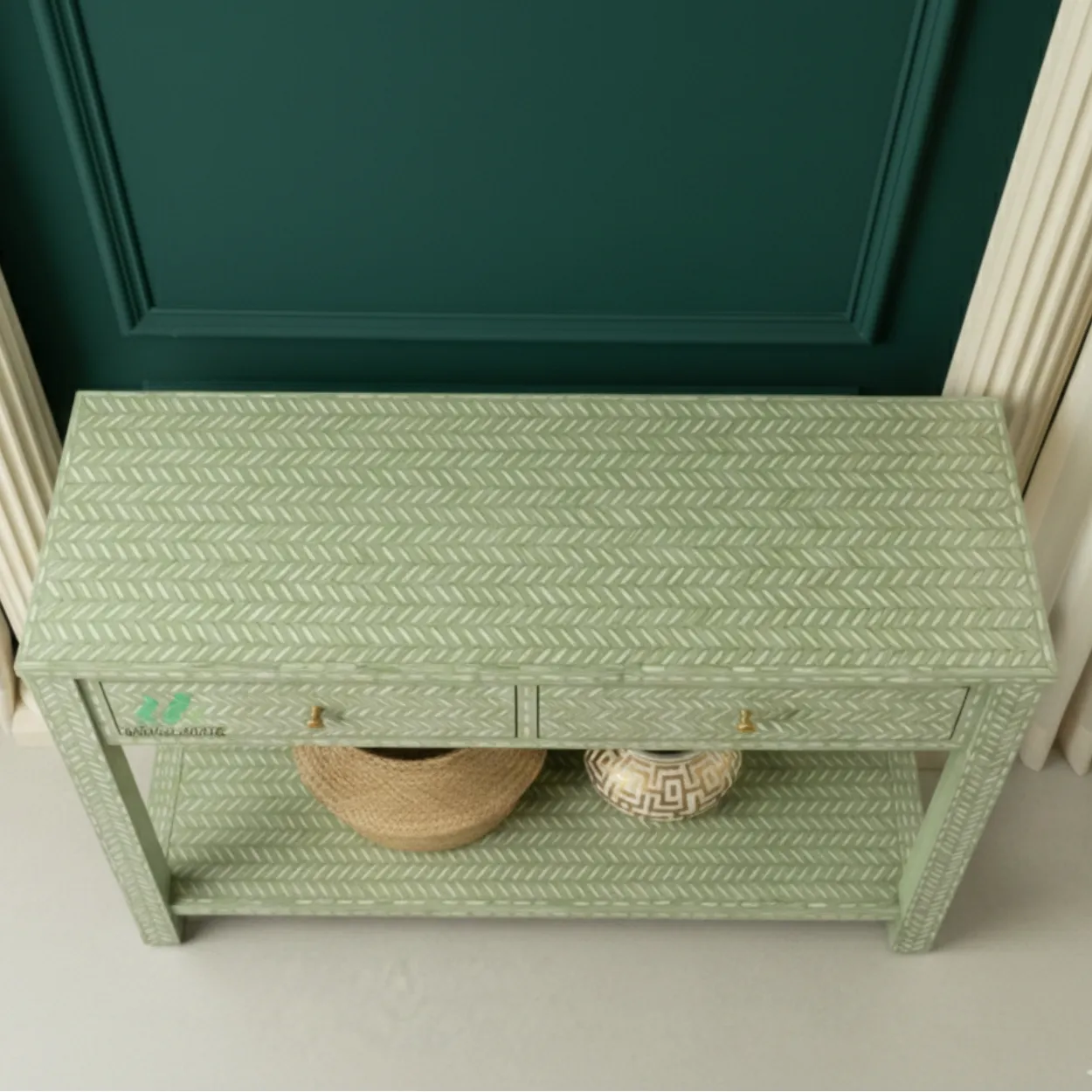 Bone Inlay Light Green Console Table - Image 4