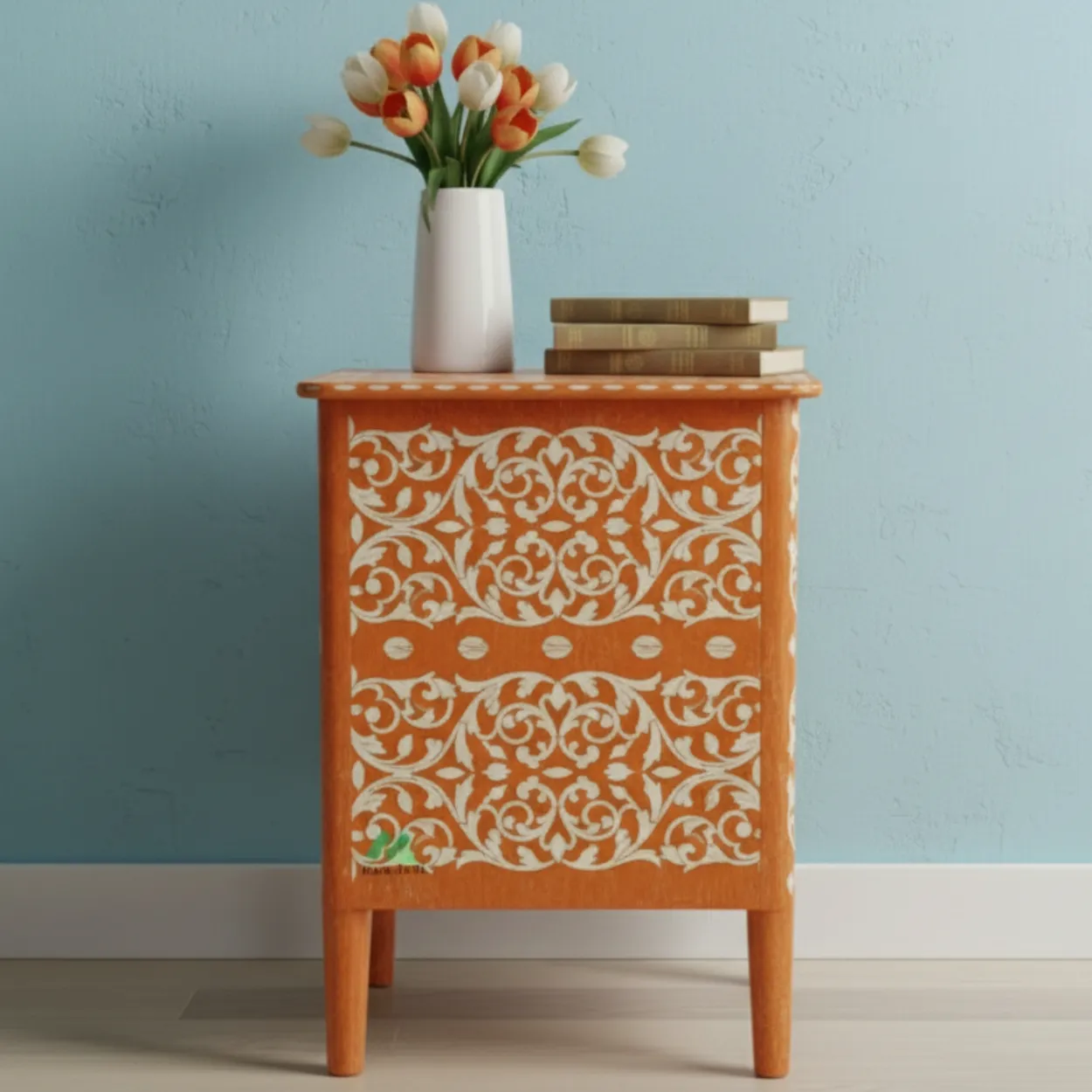 Bone Inlay Orange Bedside Table - Image 4