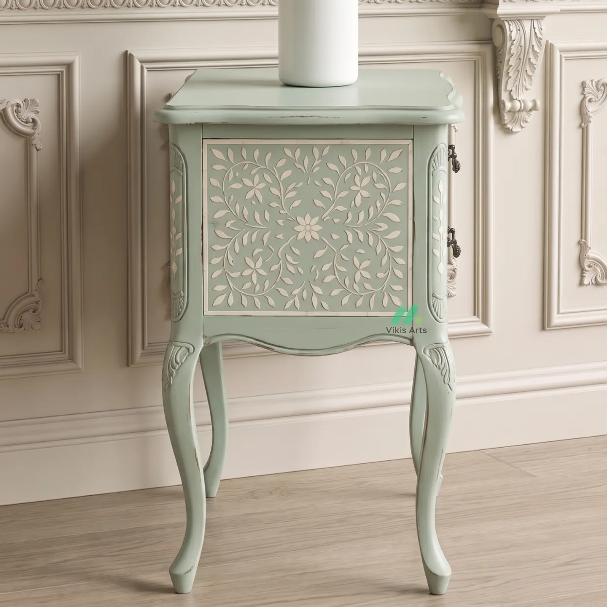 Bone Inlay Light Green Bedside Table - Image 4