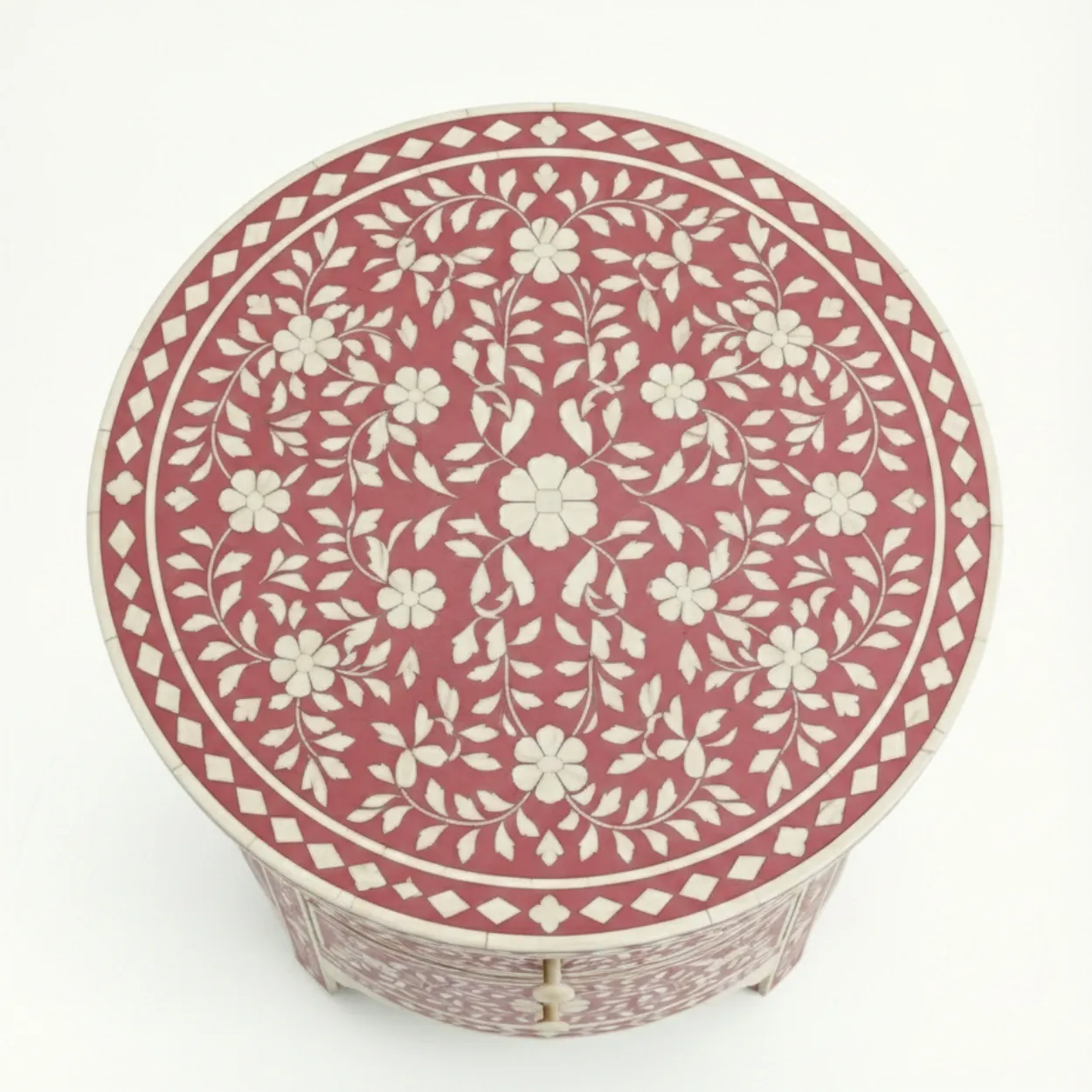 Bone Inlay Pink Round Bedside Table with 2 Drawer - Image 3