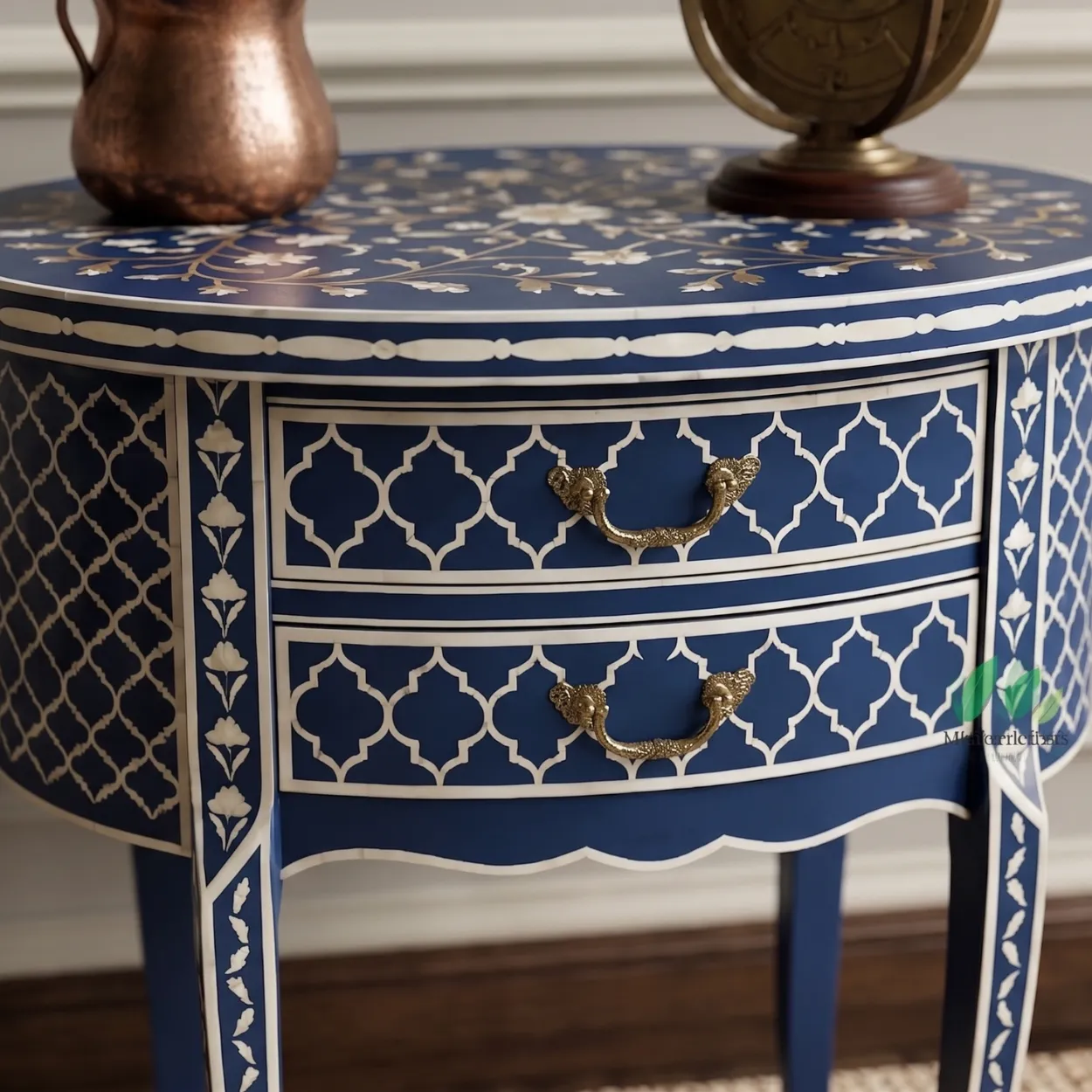 Bone Inlay Navy Blue Round Bedside Table - Image 4