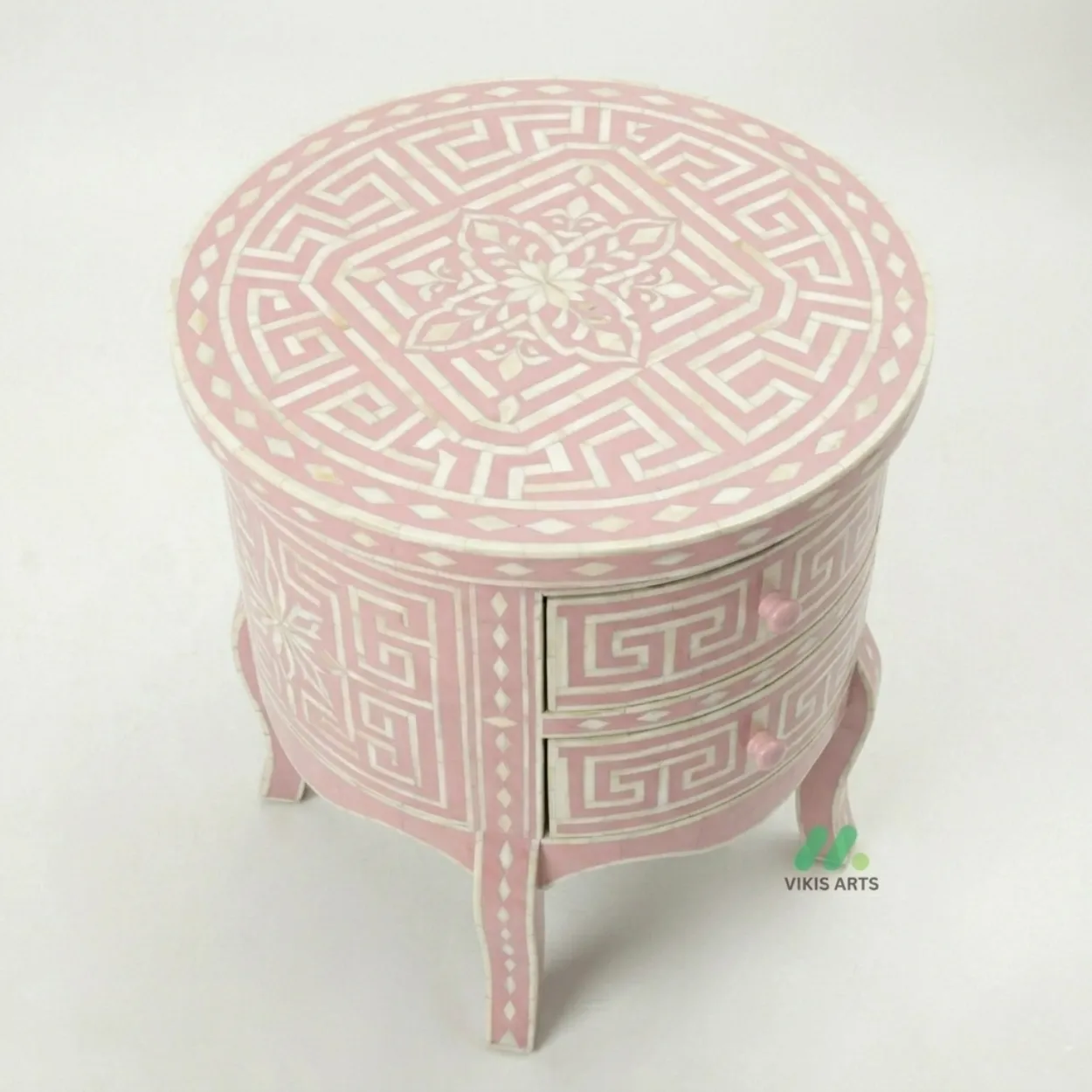 Bone Inlay Pink Round Bedside Table with 2 Drawers - Image 3