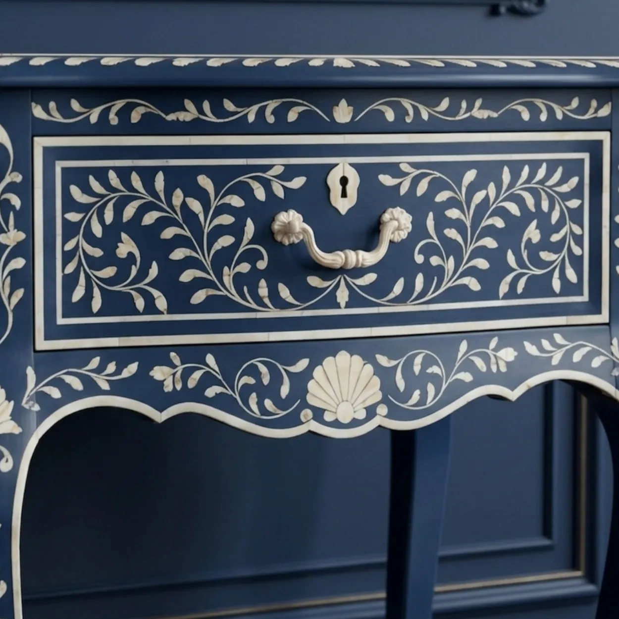 Bone Inlay Navy Blue Bedside Table - Image 5