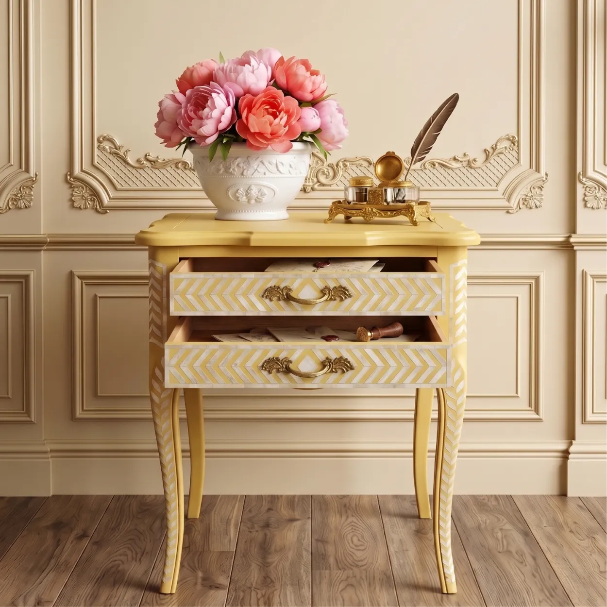 Mother of Pearl Yellow Bedside Table - Image 5
