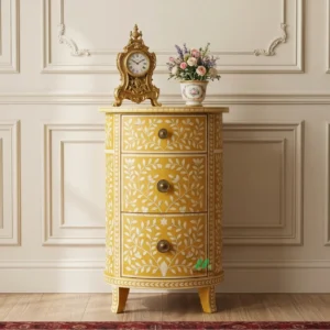 Bone Inlay Yellow Round Bedside Table